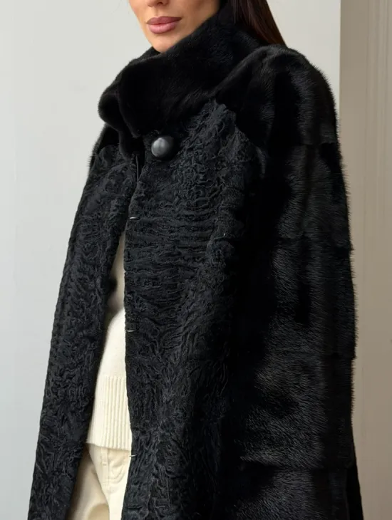 Шуба из каракуля с норкой - стойка воротник