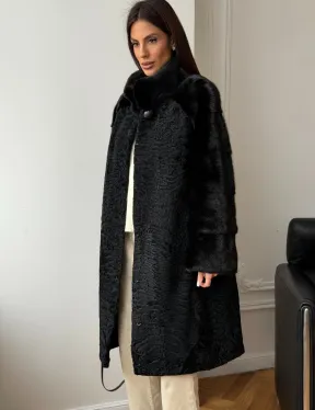Шуба из каракуля с норкой - стойка воротник