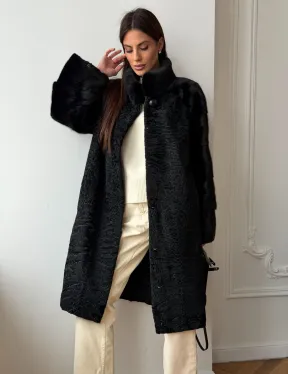 Шуба из каракуля с норкой - стойка воротник