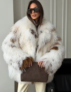 Шуба из ламы бело-коричневая