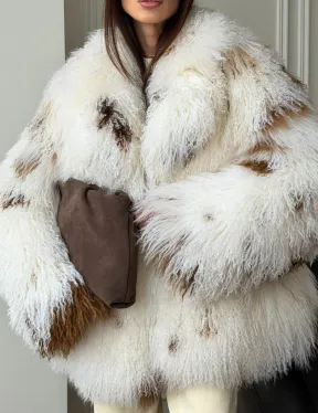Шуба из ламы бело-коричневая