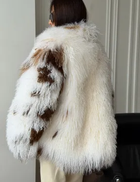 Шуба из ламы бело-коричневая