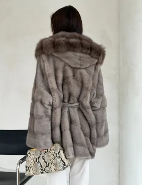 Серый норковый полушубок - капюшон куница