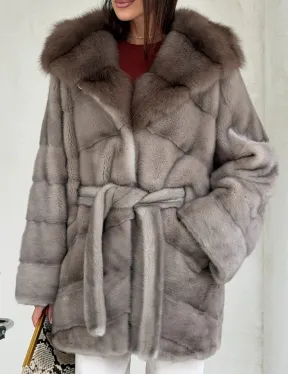 Серый норковый полушубок - капюшон куница