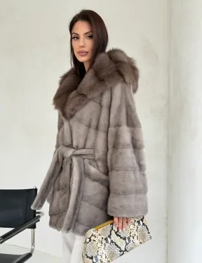 Серый норковый полушубок - капюшон куница