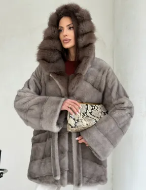 Серый норковый полушубок - капюшон куница