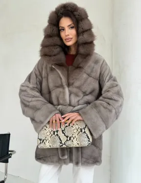Серый норковый полушубок - капюшон куница