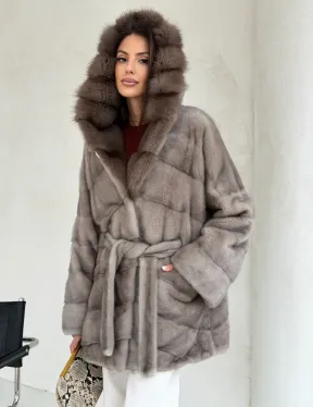 Серый норковый полушубок - капюшон куница