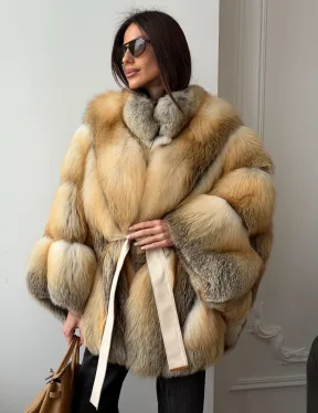 Шуба - пончо из лисы с поясом