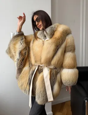 Шуба - пончо из лисы с поясом