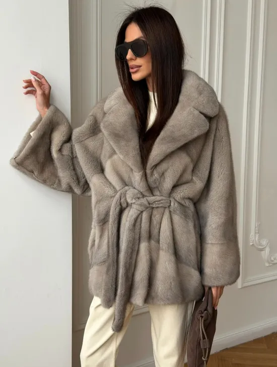 Норковый полушубок в натуральном цвете Silver