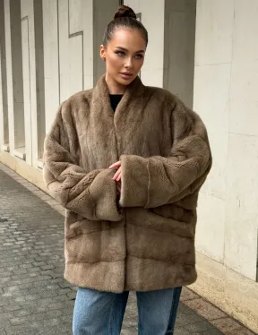 Норковый полушубок пастель V-образный воротник