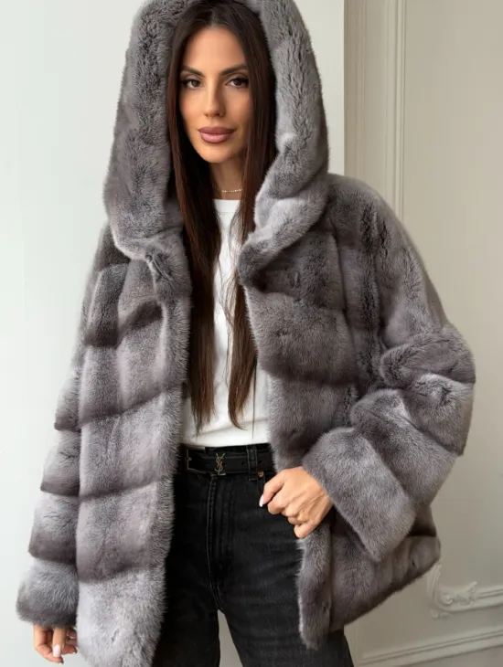 Норковый полушубок с капюшоном - цвет Platinum