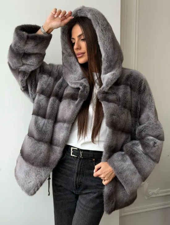 Норковый полушубок с капюшоном - цвет Platinum