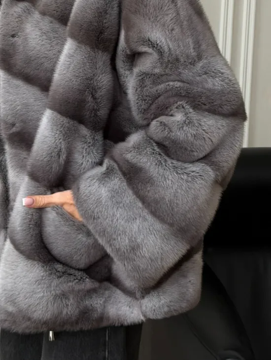 Норковый полушубок с капюшоном - цвет Platinum