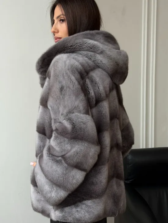 Норковый полушубок с капюшоном - цвет Platinum