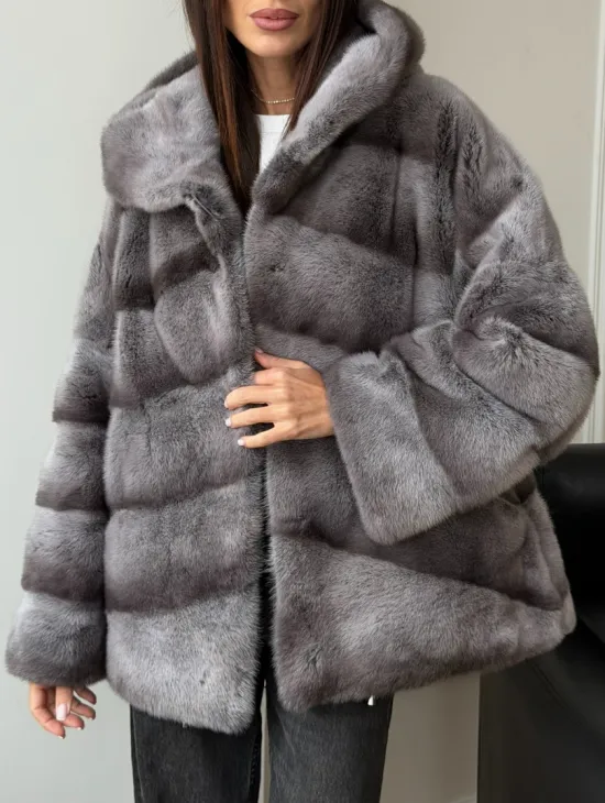Норковый полушубок с капюшоном - цвет Platinum