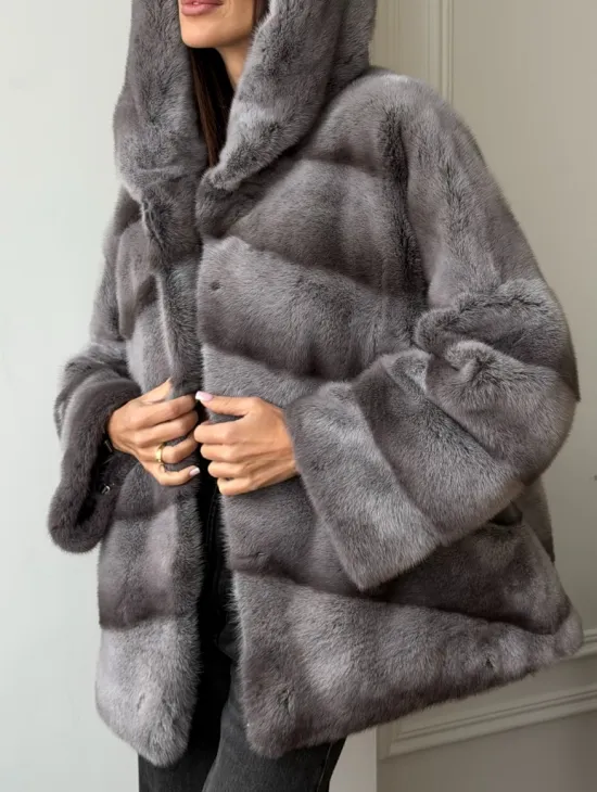 Норковый полушубок с капюшоном - цвет Platinum