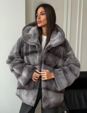 Норковый полушубок с капюшоном - цвет Platinum