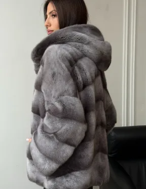 Норковый полушубок с капюшоном - цвет Platinum