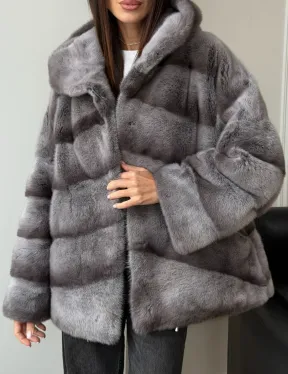 Норковый полушубок с капюшоном - цвет Platinum