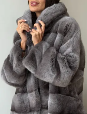 Норковый полушубок с капюшоном - цвет Platinum