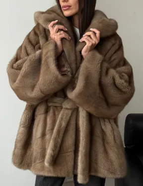 Норковая шуба пастель с капюшоном