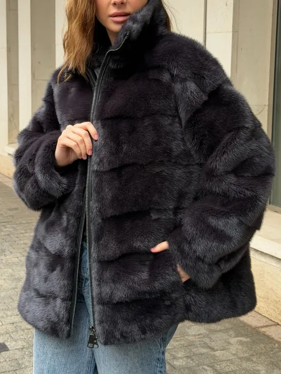 Норковая куртка на молнии - графит