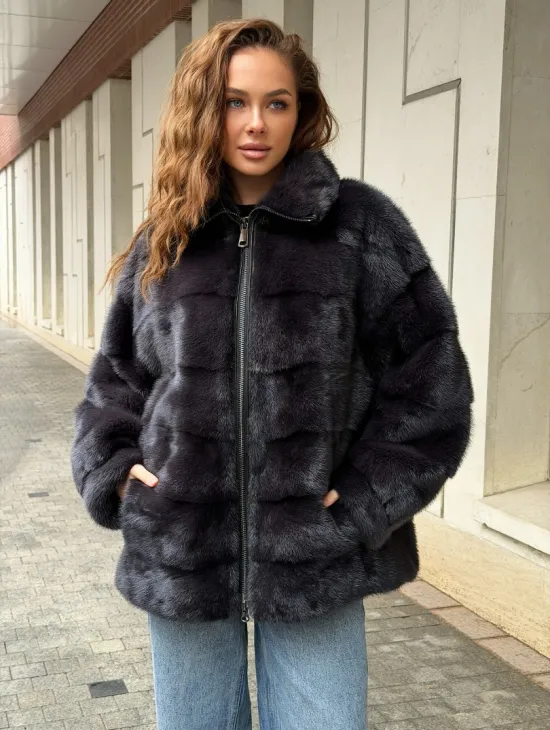 Норковая куртка на молнии - графит