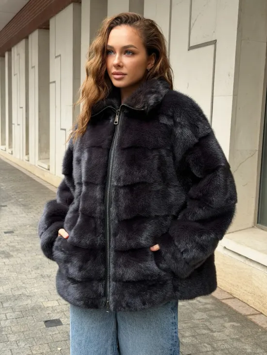 Норковая куртка на молнии - графит