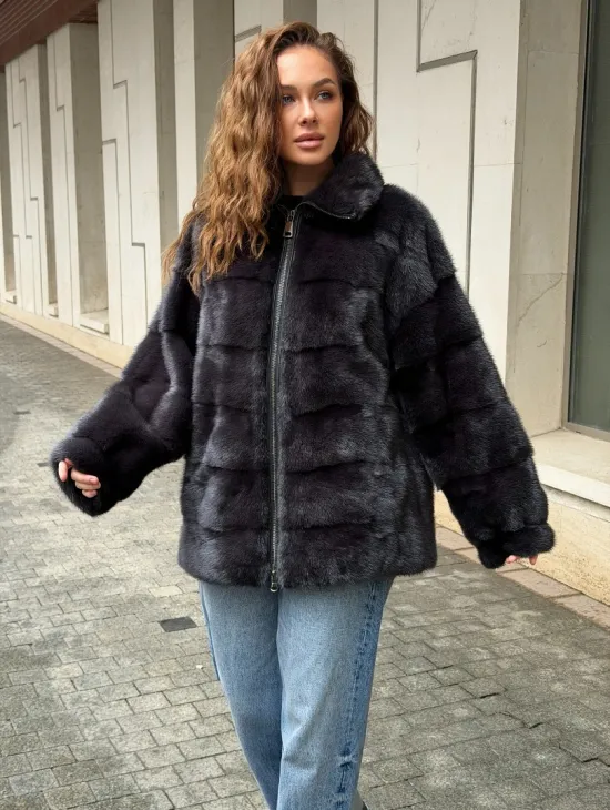 Норковая куртка на молнии - графит