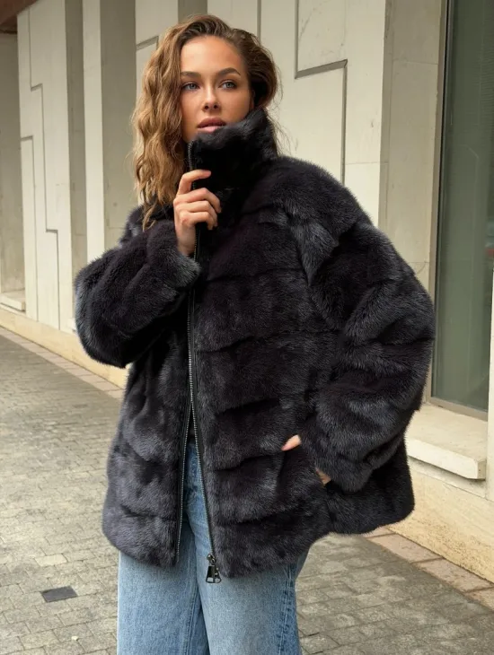 Норковая куртка на молнии - графит