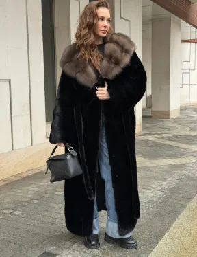 Длинная норковая шуба - кимоно с капюшоном куница