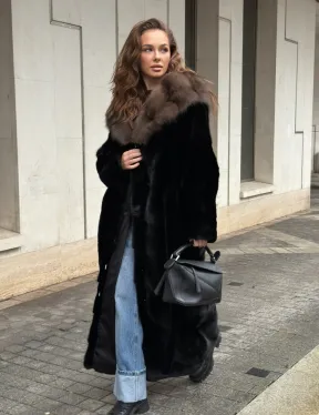 Длинная норковая шуба - кимоно с капюшоном куница