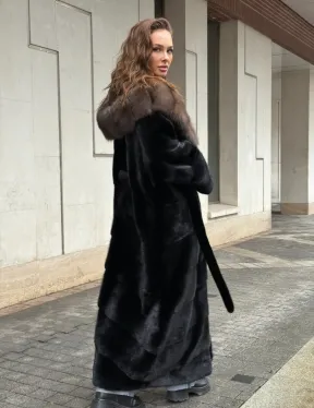 Длинная норковая шуба - кимоно с капюшоном куница