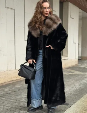 Длинная норковая шуба - кимоно с капюшоном куница