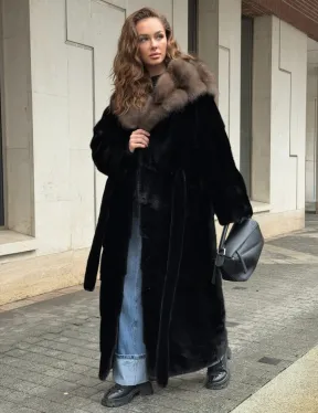 Длинная норковая шуба - кимоно с капюшоном куница