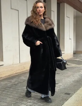 Длинная норковая шуба - кимоно с капюшоном куница