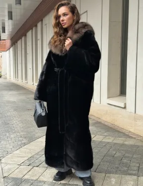 Длинная норковая шуба - кимоно с капюшоном куница