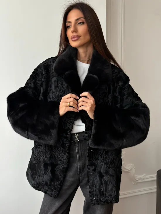 Полушубок из каракуля с норкой