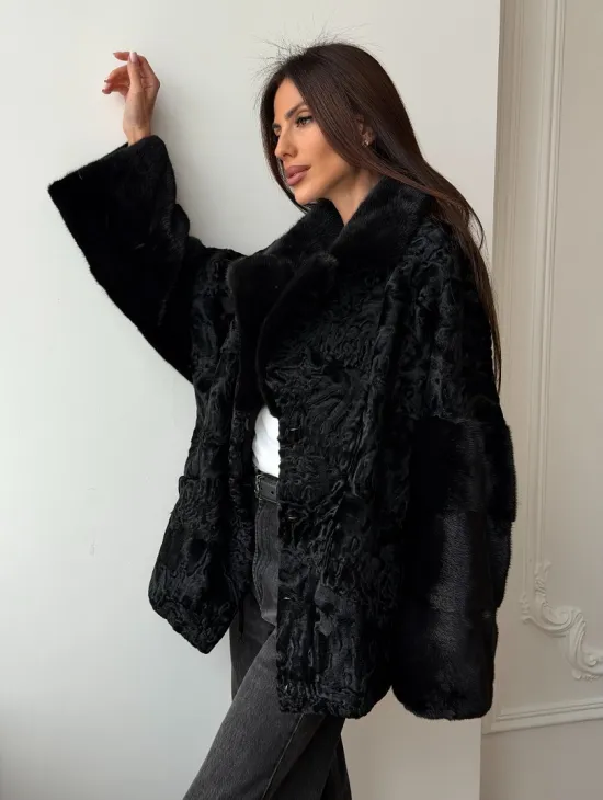 Полушубок из каракуля с норкой