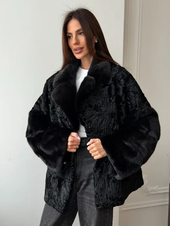 Полушубок из каракуля с норкой