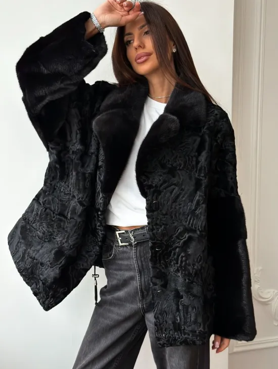 Полушубок из каракуля с норкой