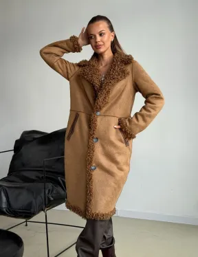 Коричневая двухсторонняя дубленка из экомеха