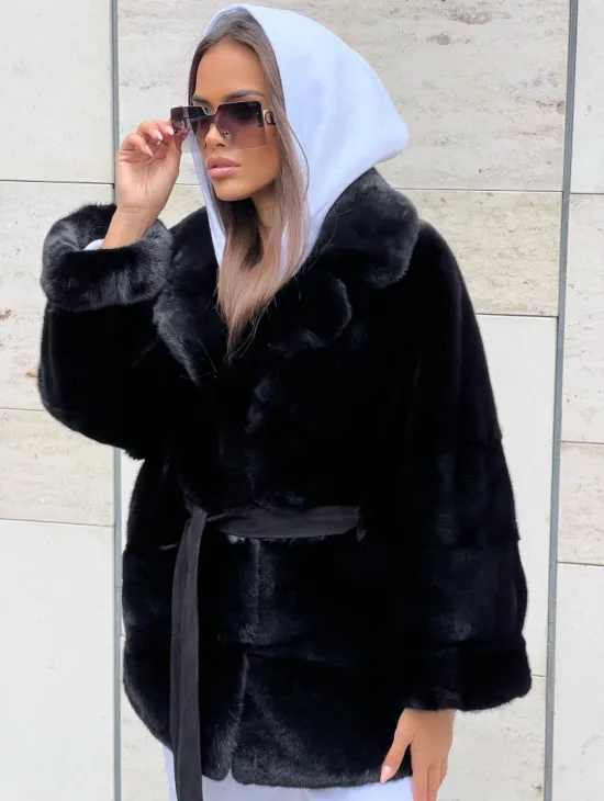 Черная короткая шуба из плюшевой норки Velvet с английским воротником
