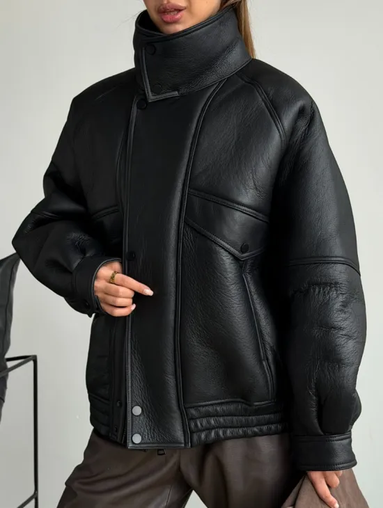 Черная натуральная дубленка из овчины