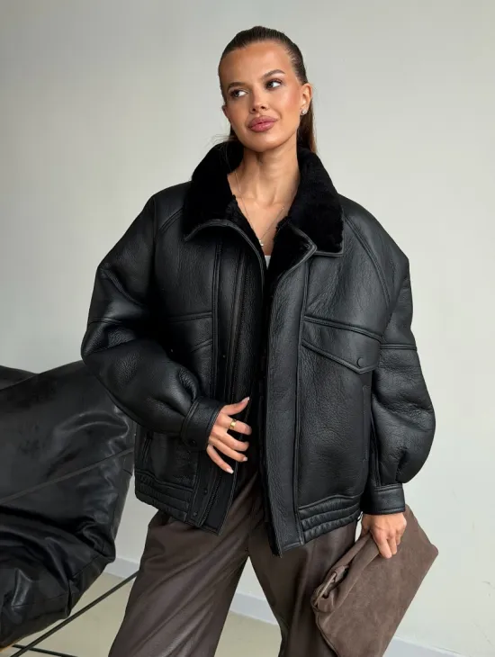 Черная натуральная дубленка из овчины