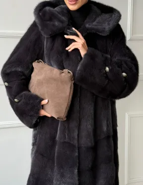 Норковая шуба с капюшоном - графит