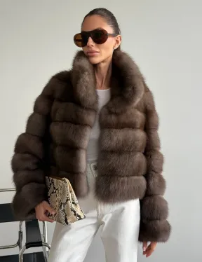 Короткая шуба из куницы - цвет трюфель