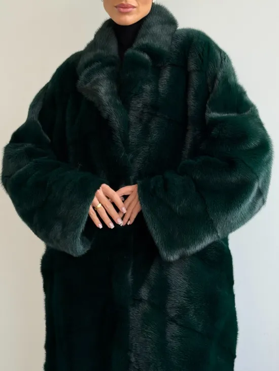 Зеленая норковая шуба - английский воротник